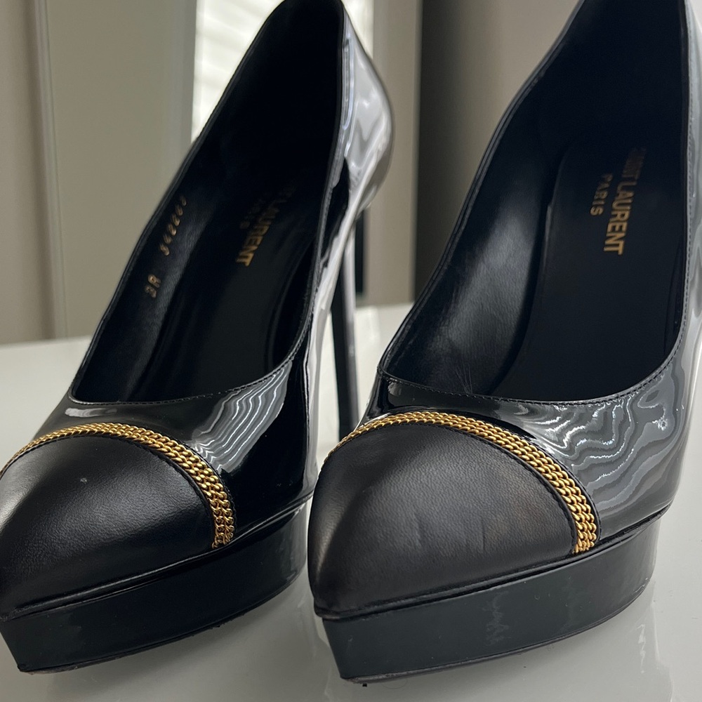 Saint Laurent Black Patent Leather Chain-Trim Platform Pumps Sz 38